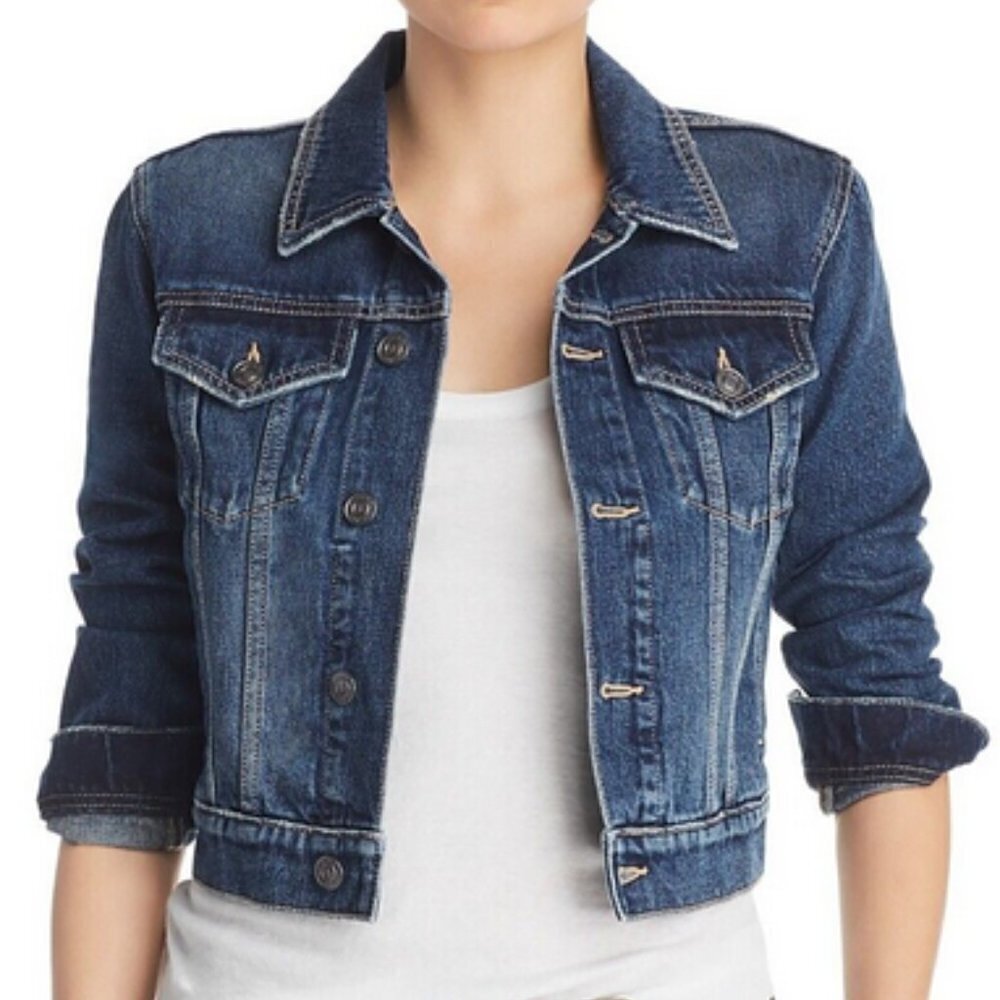Current/Elliott Baby Trucker Jacket Denim Distressed Dark Blue Wash Cropped 2 - Picture 2 of 16